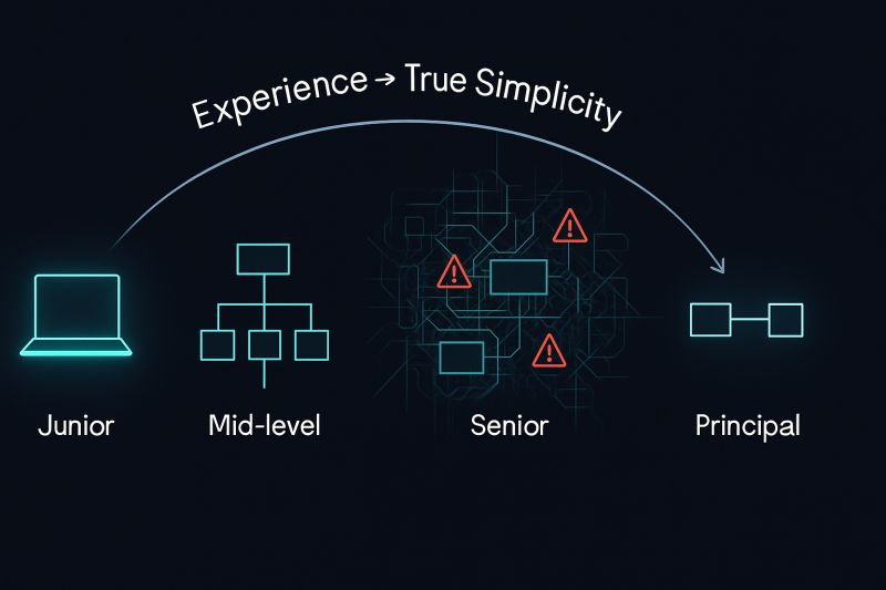 Figure 1. Experience to true simplicity: the diagram grows through senior, then the principal deletes boxes until a line remains.